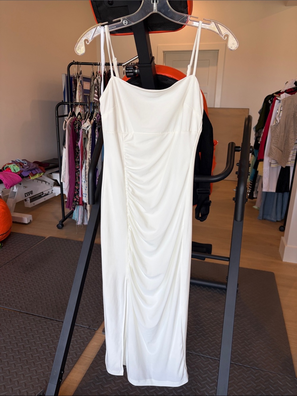 B Darlin Ivory Ruched Maxi Slip Dress with Spaghetti Straps
